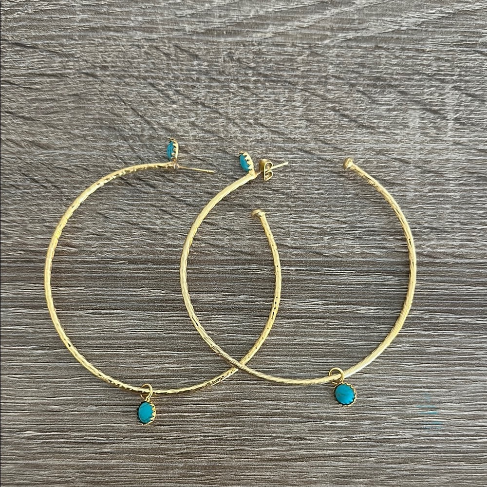 Gold and Blue Hoop Earrings with Turquoise Beads